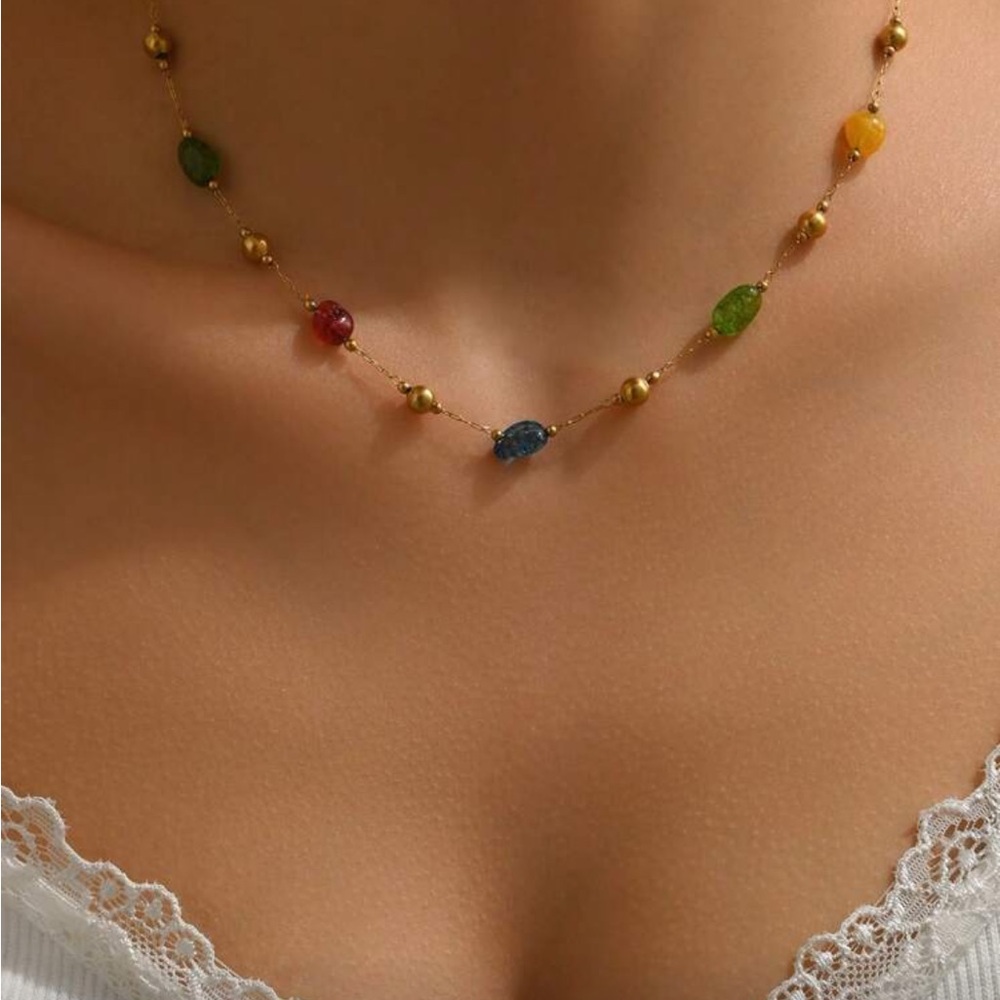 Multicolor Gemstone Beaded Necklace with Gold Accents - Picture 4 of 7